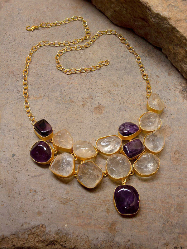 Avismaya Gold Plated Circle Design Semi Precious White And Purple Color Solar Druzy And Monalisa Mix Stone Choker Necklace