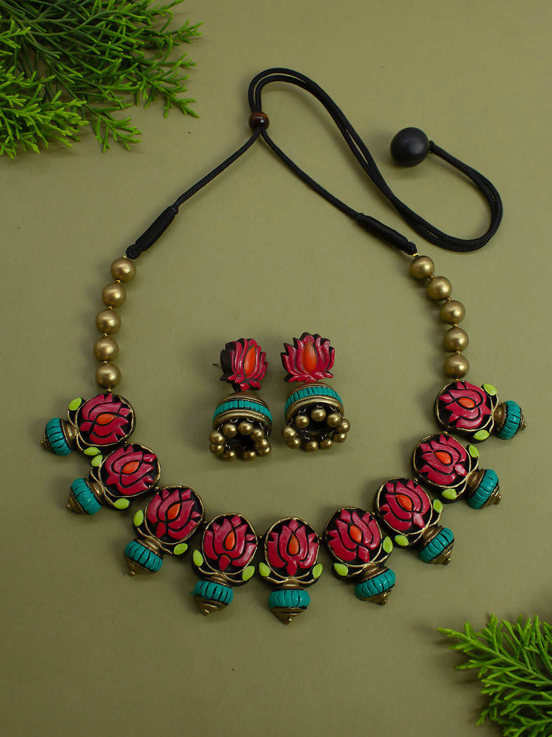 Pastel Colors Pink Green Antique Gold Orange Lotus Design Handmade Terracotta Necklace Set