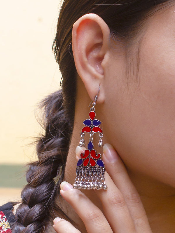 Silver Plated Flower Petal Design Red And Blue Color Enamel Painted With Hanging Silver Beads Dangler Earring