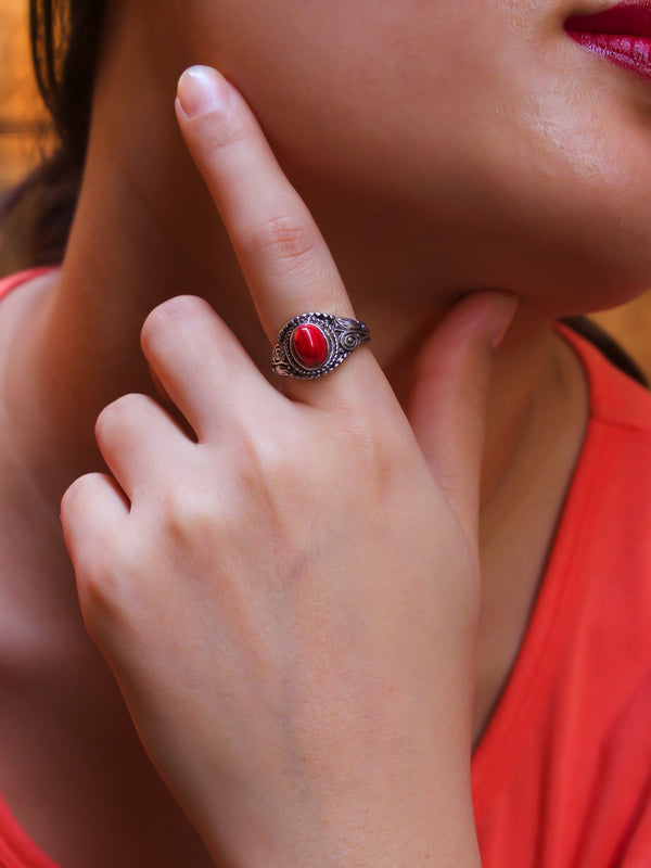 Silver Plated Oval Design Red Color Finger Ring