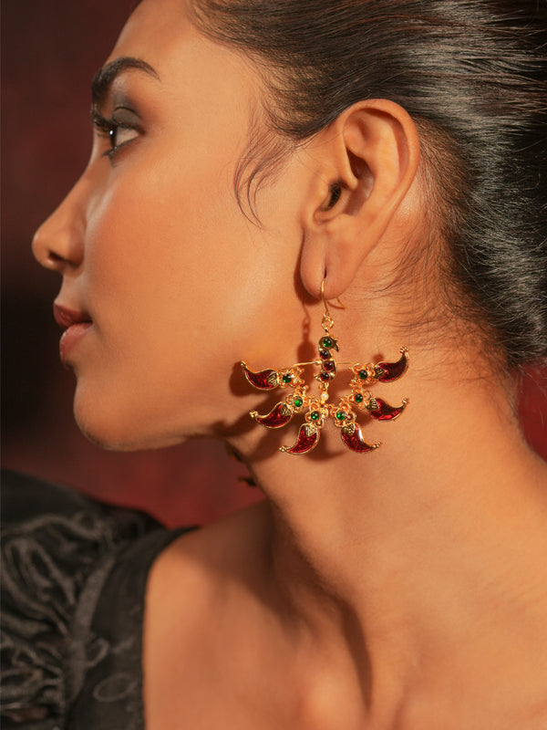 Gold Tone Temple Earrings- Morpankhi Red