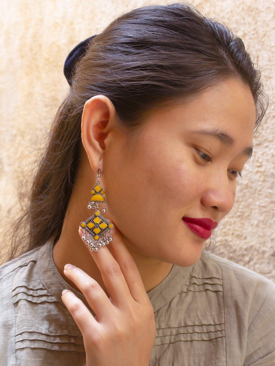 Silver Plated Floral Design Yellow Color Enamel Painted Dangler Earring