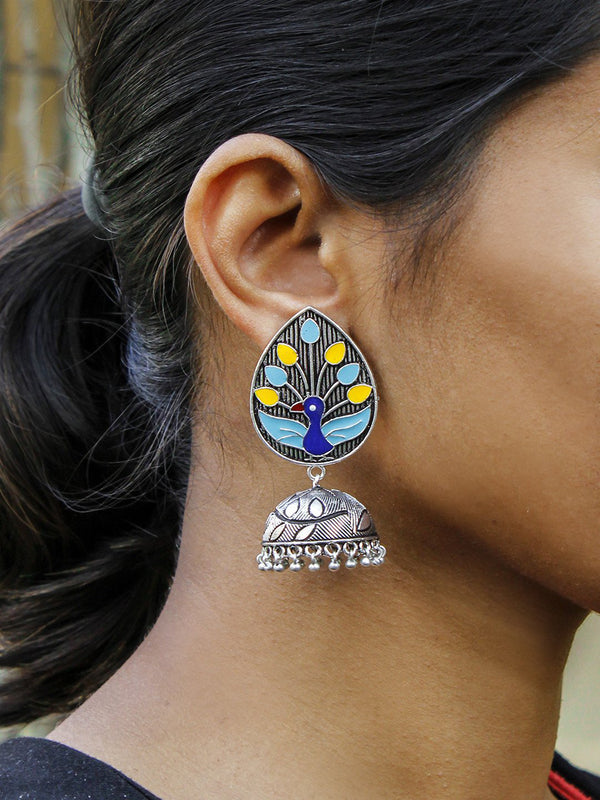 Oxidised German Silver Peacock Design Enamel Paint Jhumka Earring by Panaah