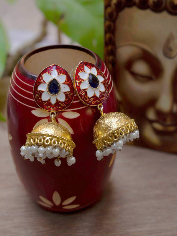 Gold Plated Floral Design Red Color Enamel Painted With White Hanging Pearls Jhumka Earring