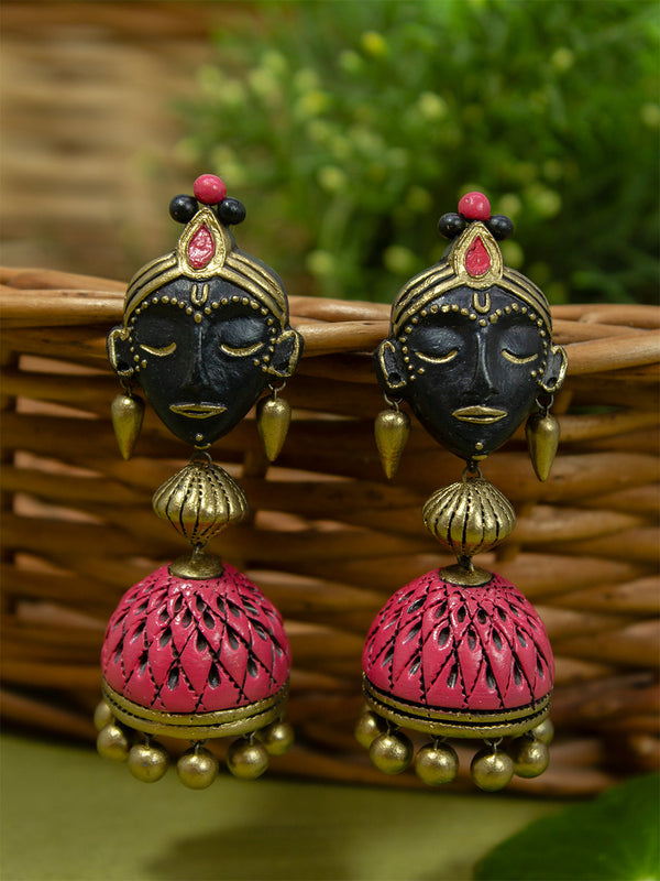 Krishna Face Handmade Terracotta Black Antique Gold Pink Jhumka Earrings