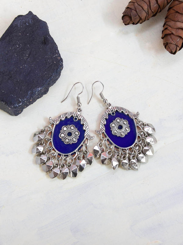 Silver Plated Geometric Design Blue Color Enamel Paint With Hanging Silver Beads Dangler Earring