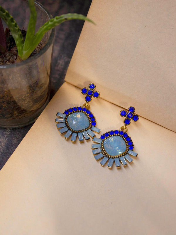 Gold Plated Floral Design Blue And Sky Blue Color Artificial Stone Dangler Earring