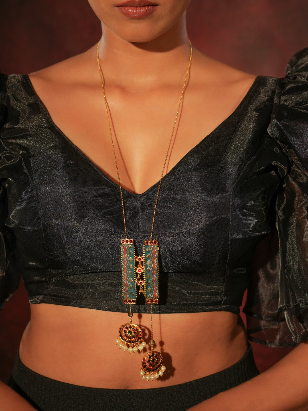 Gold Tone Temple Necklace- Zari necklace with chain- Green