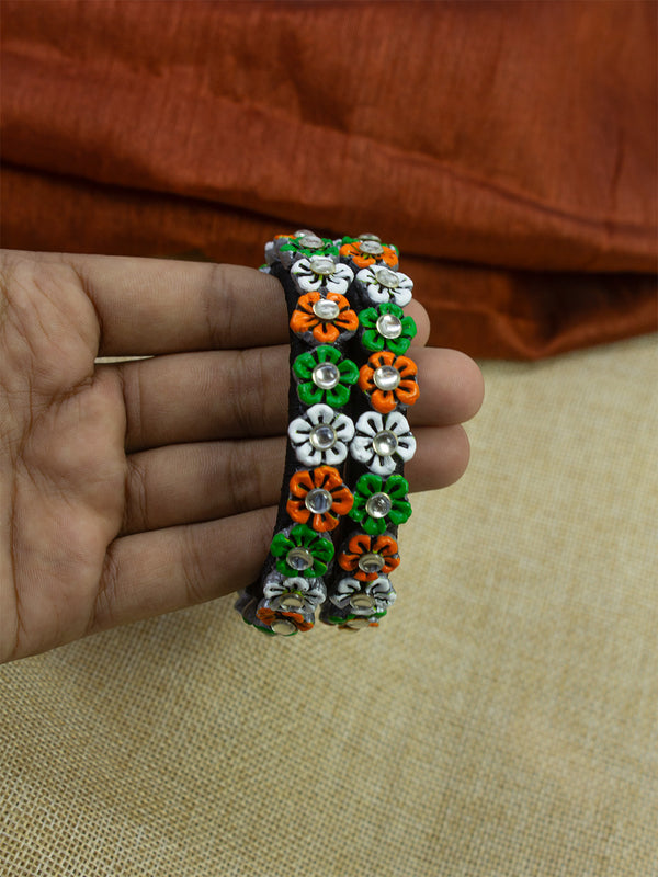 Floral Orange White Green Terracotta Embellishments on Silk Thread Bangles