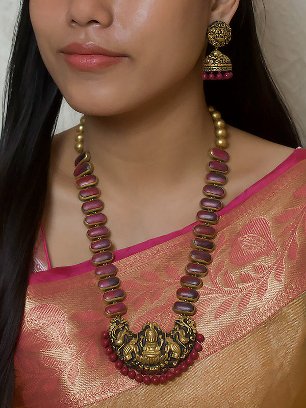 Antique Gold Maroon Wine Handmade Terracotta Geometrical Design Long Lakshmi Haram Necklace Set