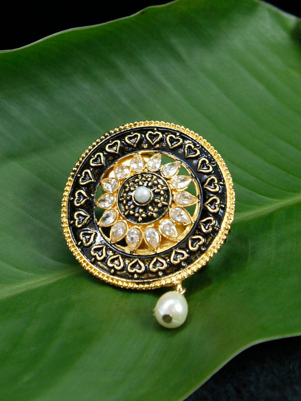 Gold Plated Round Shape White Stone with White Pearl Dropping Saree Pin