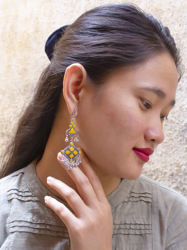 Silver Plated Floral Design Yellow Color Enamel Painted With Hanging Silver Beads Dangler Earring