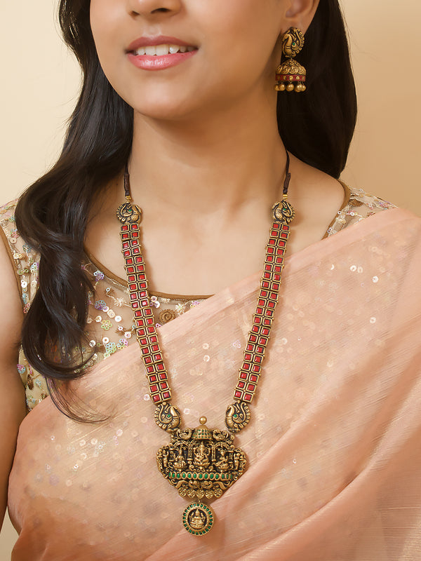 Antique Gold Red Green Checkered Square Pattern Ganesha Lakshmi and Saraswathi Design Long Haram Temple Handmade Terracotta Necklace Set