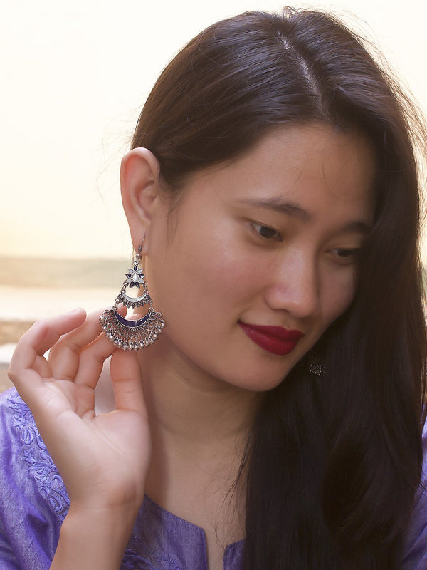 Silver Plated Floral Design Blue And Navy Color Enamel Painted With Hanging Silver Beads Dangler Earring