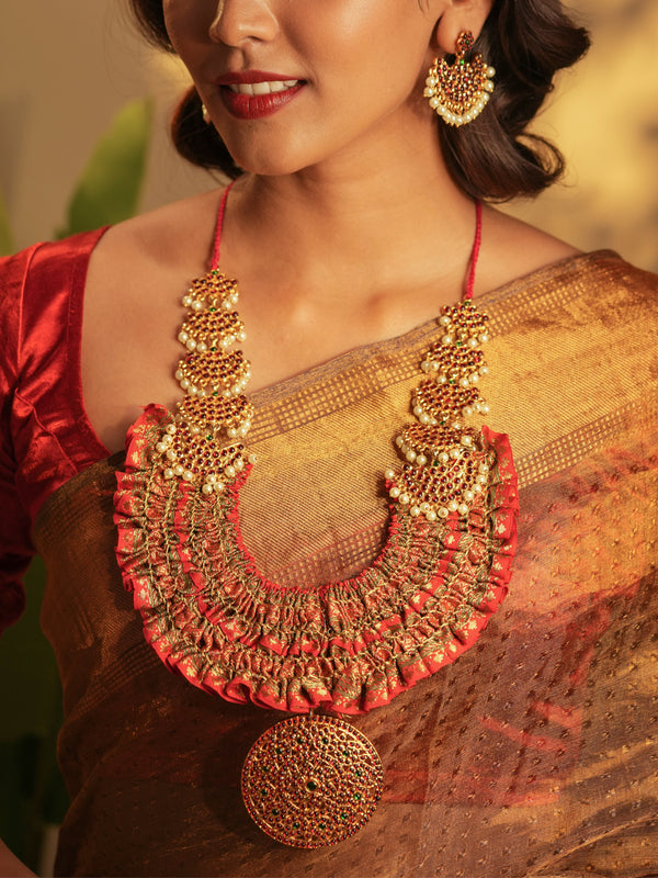 Gold tone temple Necklace set- Zari red statement necklace