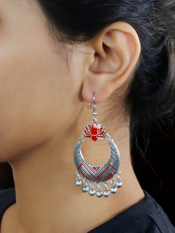 Silver Plated Lotus Design Red Enamel Paint Afghani Earring