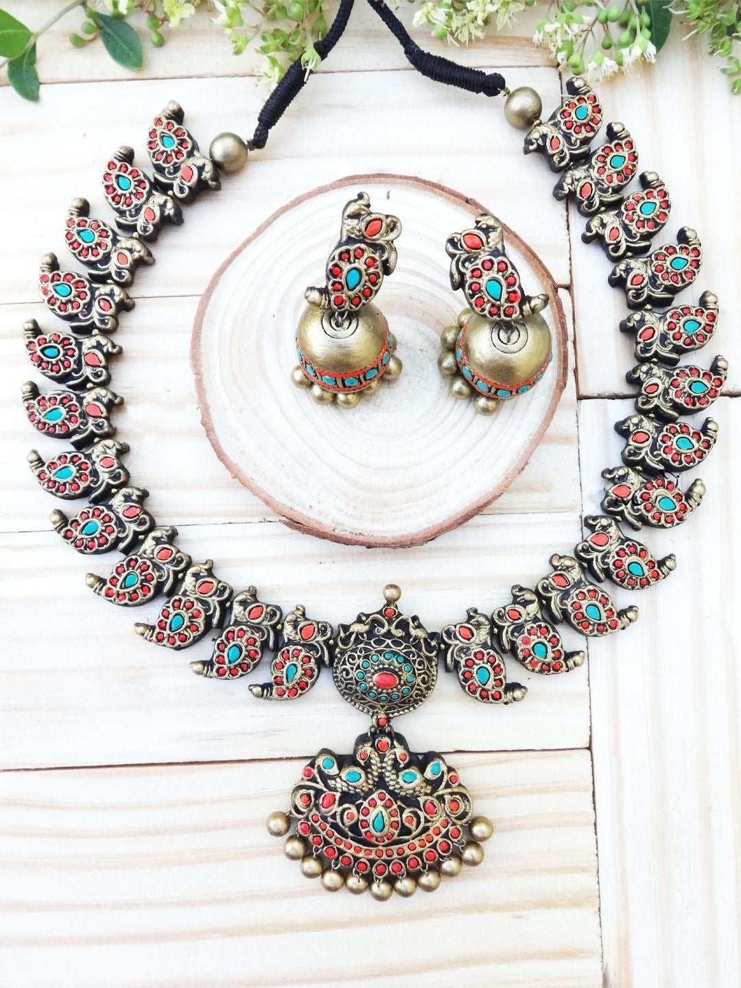 Peacock Design Hand Painted Terracotta Jewelry Set