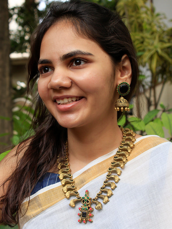 Antique Gold Pink Green Black Peacock Design Square Pendant Handmade Terracotta Necklace Set