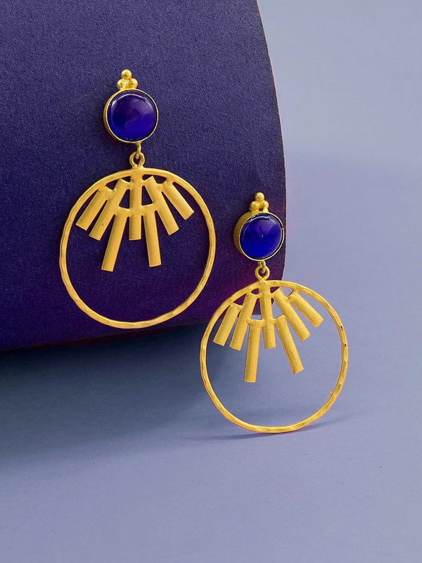 Contemporary Designer Gold Plated Royal Blue Color Monalisa Semi Precious Stone Geometric Design Earring By Avismaya