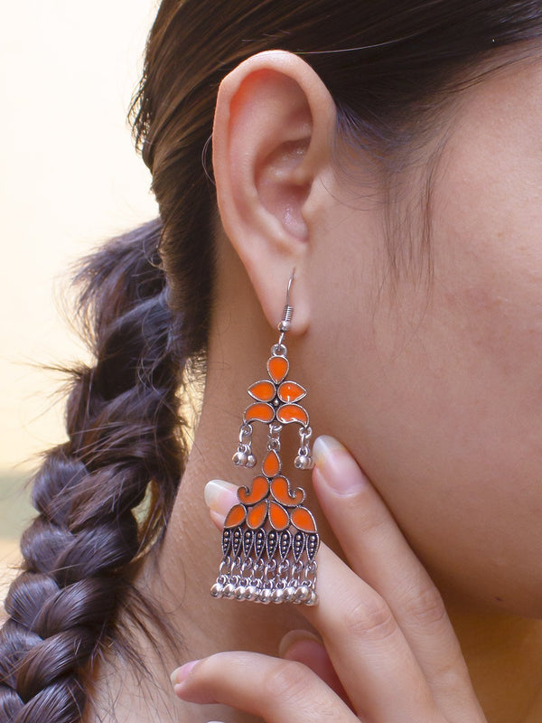 Silver Plated Flower Petal Design Orange Color Enamel Painted With Hanging Silver Beads Dangler Earring