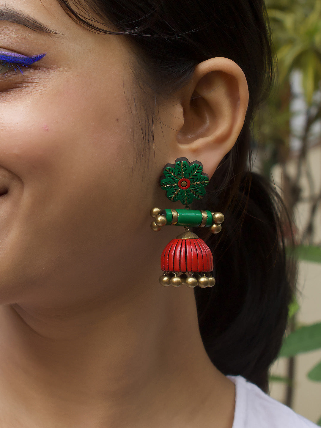 Floral Design Antique Gold Red Green Handmade Terracotta Jhumka Earring