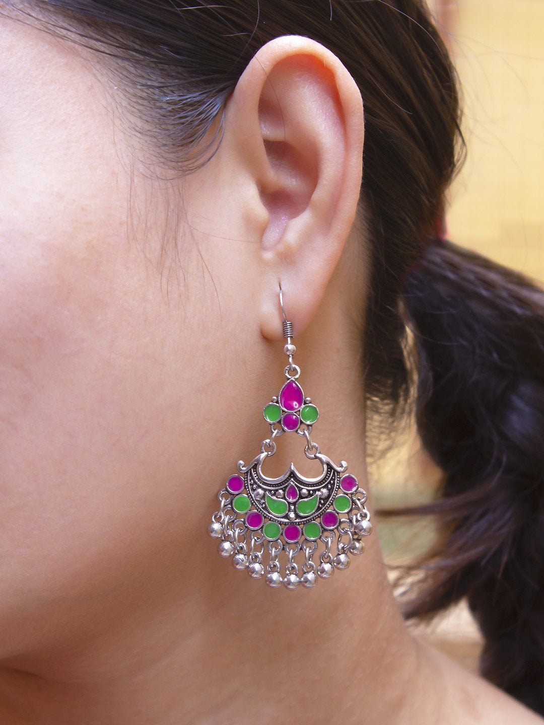 Floral Design Pink and Green Dangler Afghani Earring