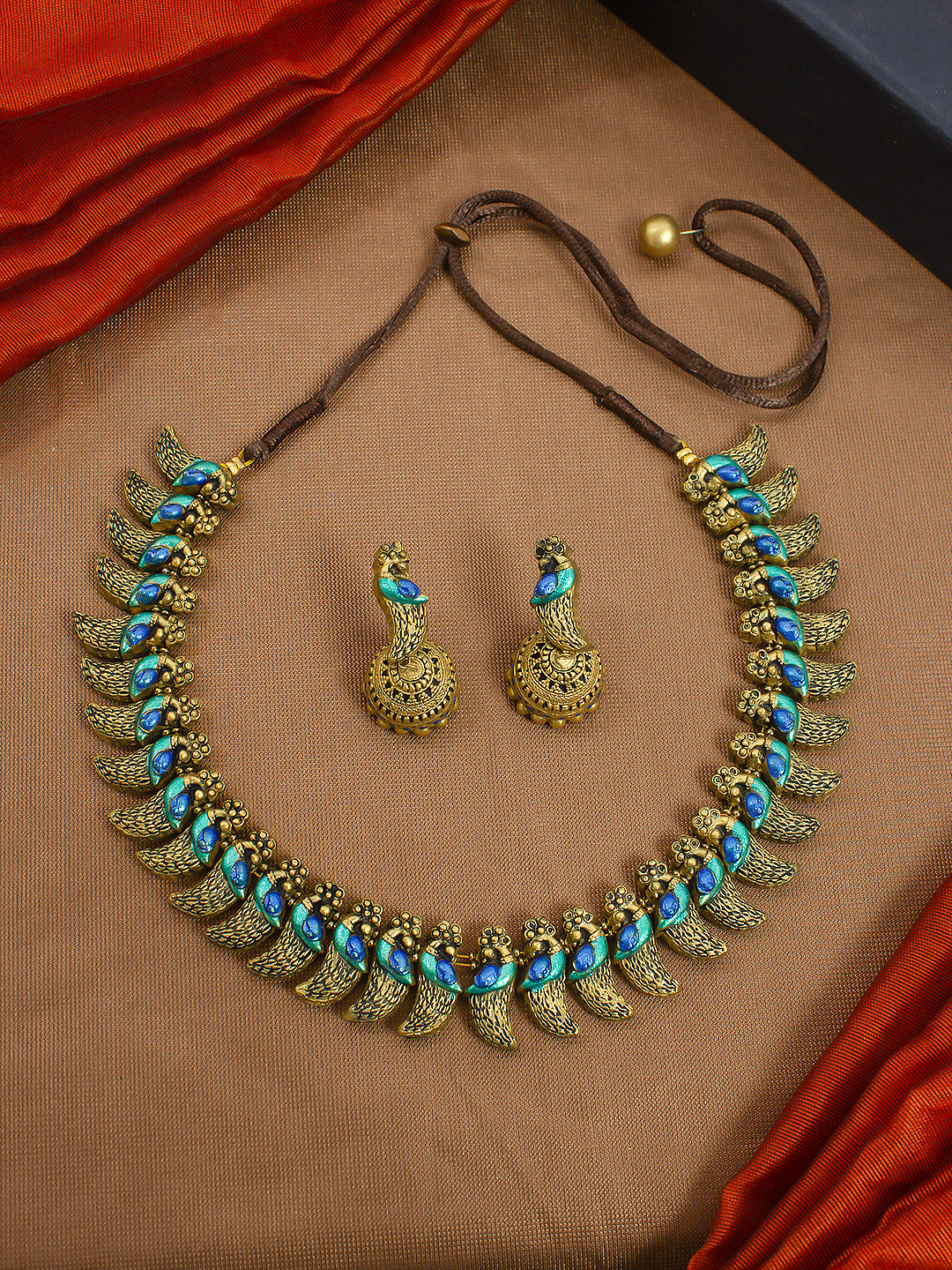Antique Gold Blue Aqua Blue Regal Peacock Design Handmade Terracotta Necklace Set