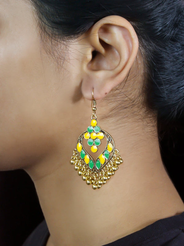 Floral Design Yellow and Green Dangler Afghani Earring