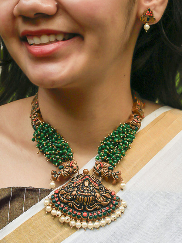 Green Wooden Clustered Beads Pearl Lakshmi Peacock Traditional Haram Handmade Terracotta Necklace Set