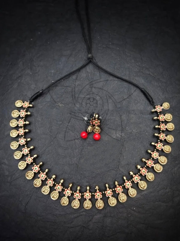 Floral Design Antique Gold And Red Color Choker Handmade Terracotta Necklace Set