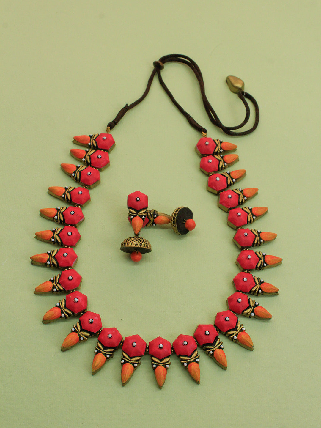 Pink Orange Antique Gold Pastel Shade Sangeet Fringe Pattern Geometric Design Handmade Terracotta Necklace Set