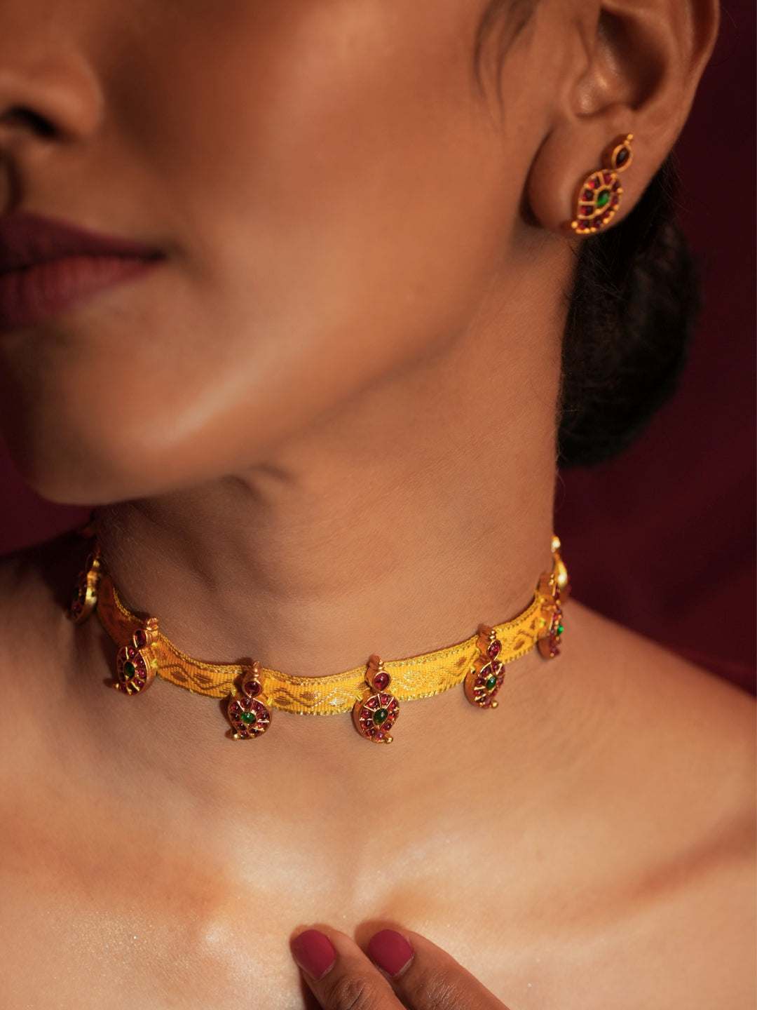 Zarvanya — Gold Tone Yellow Zari Temple Choker Necklace Set