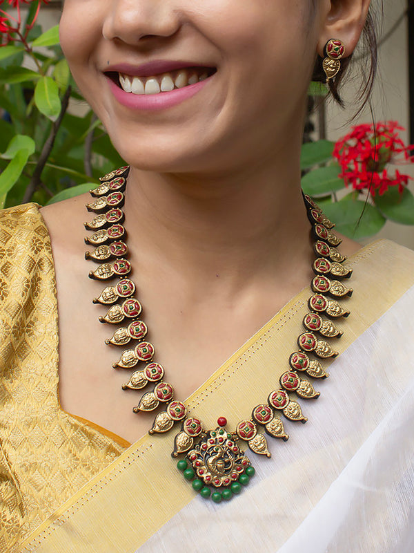 Lakshmi Coin Leaf Peacock Design Antique Gold Red Green Long Haram Handmade Terracotta Temple Necklace Set