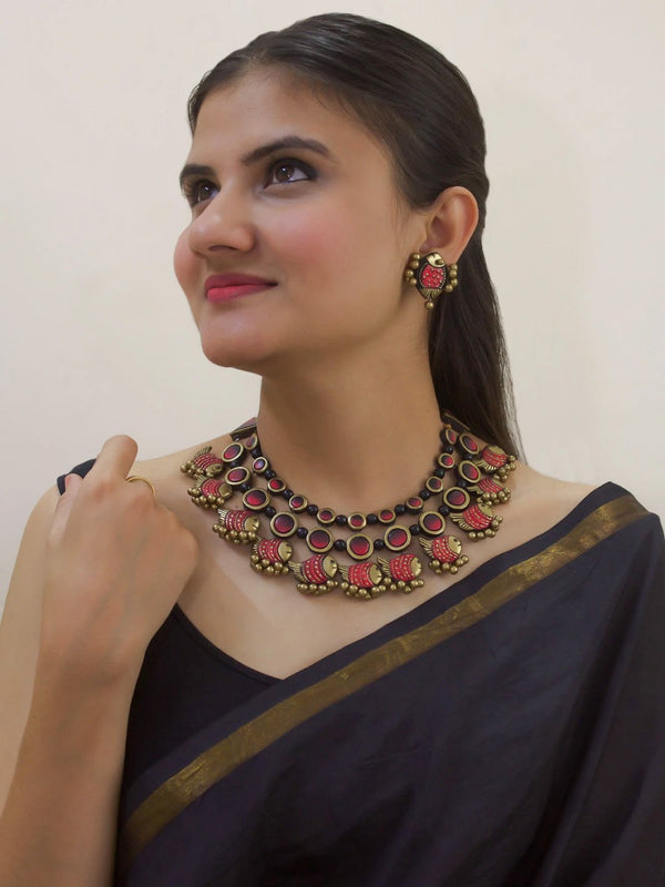 Designer Handmade Terracotta Meenakari Three Layered Fish Design Choker Necklace Set