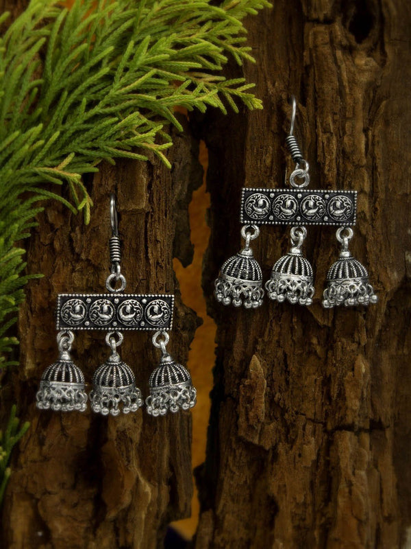 Oxidised German Silver Peacock Design Three Jhumka Earring by Panaah