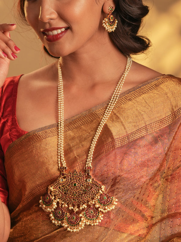 Gold Tone Temple Necklace Set- Pearl Haaram Red