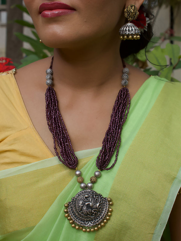 Antique Silver Gold Peacock Design Pendant Purple Acrylic Beads Clustered Layered Handmade Terracotta Necklace Set