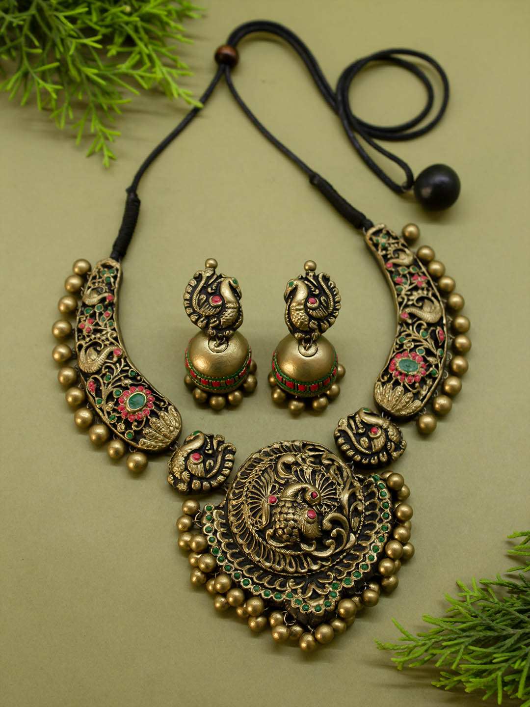 Antique Gold Red Green Peacock Design Rajwadi Style Hasli Terracotta Necklace Set