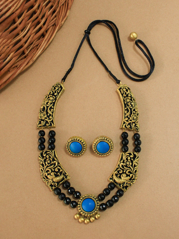 2 Layered Rani Haar Design Black Glass Beads Peacock Design Antique Gold Blue Handmade Terracotta Necklace Set