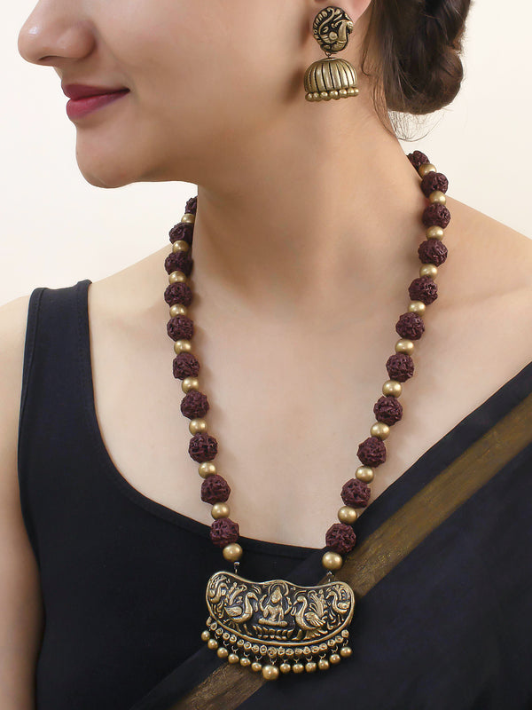 Designer Handmade Terracotta Maroon And Antique Gold Color Lakshmi Design Choker Necklace Set