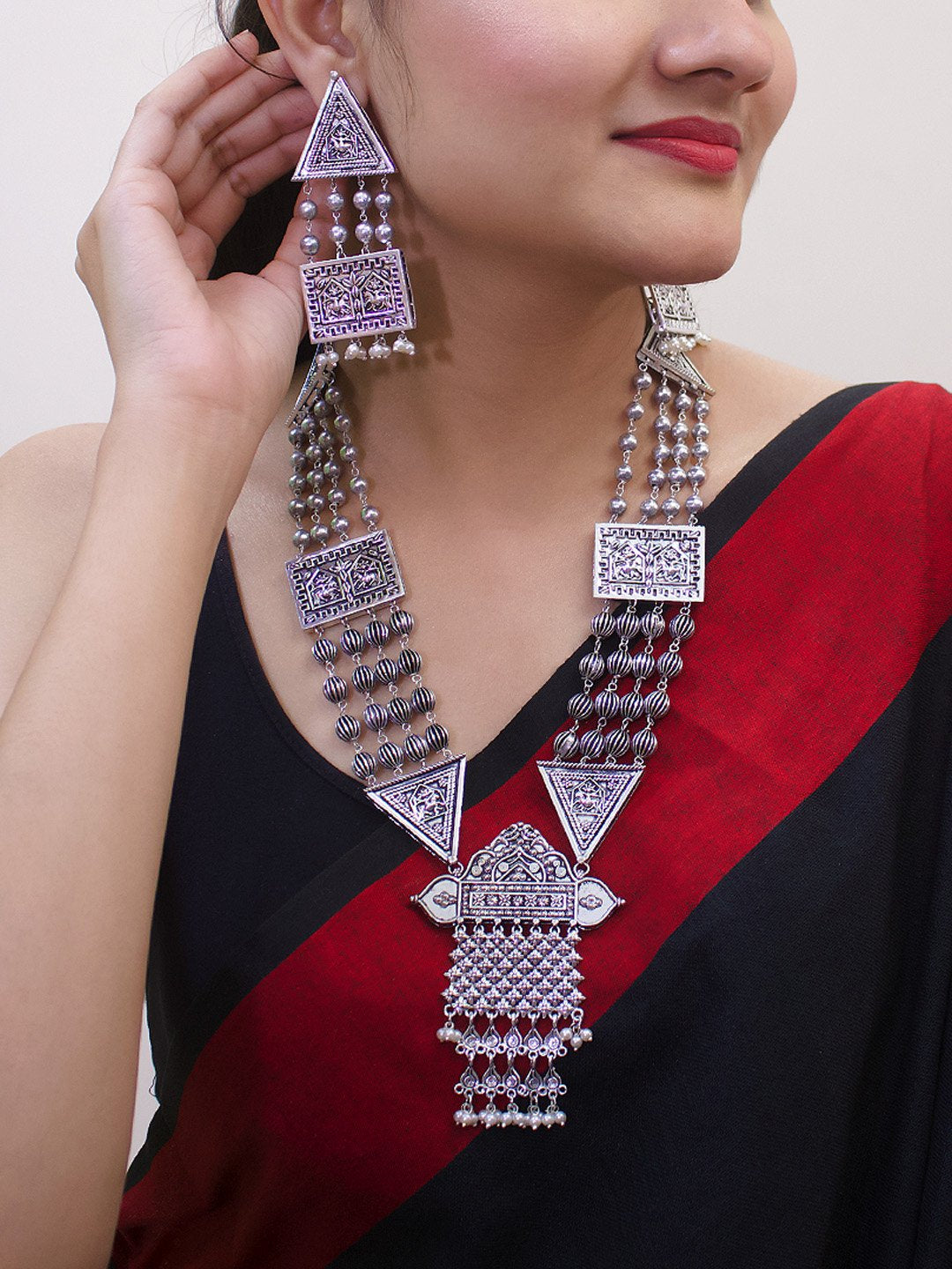 Silver Plated Triangle Design Four Layered With Pendant Long Necklace Set