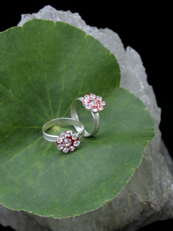 Oxidised Silver Plated Floral Design Adjustable Red Color Toe ring