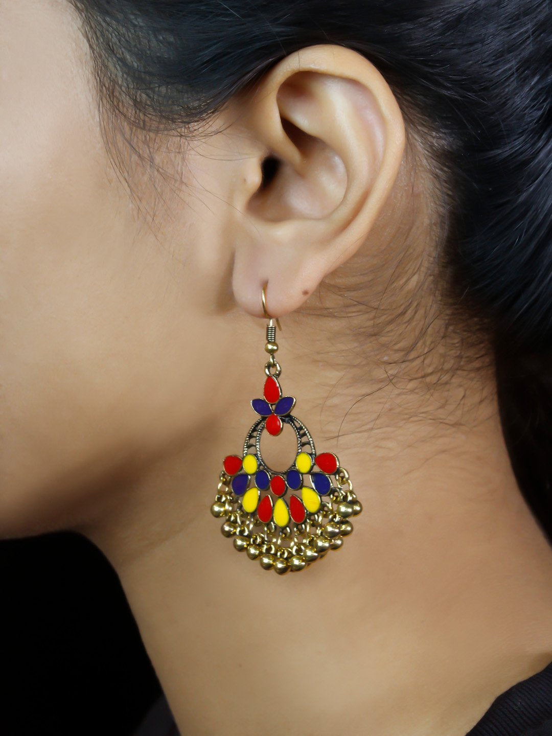 Floral Design Blue and Yellow and Red Dangler Afghani Earring