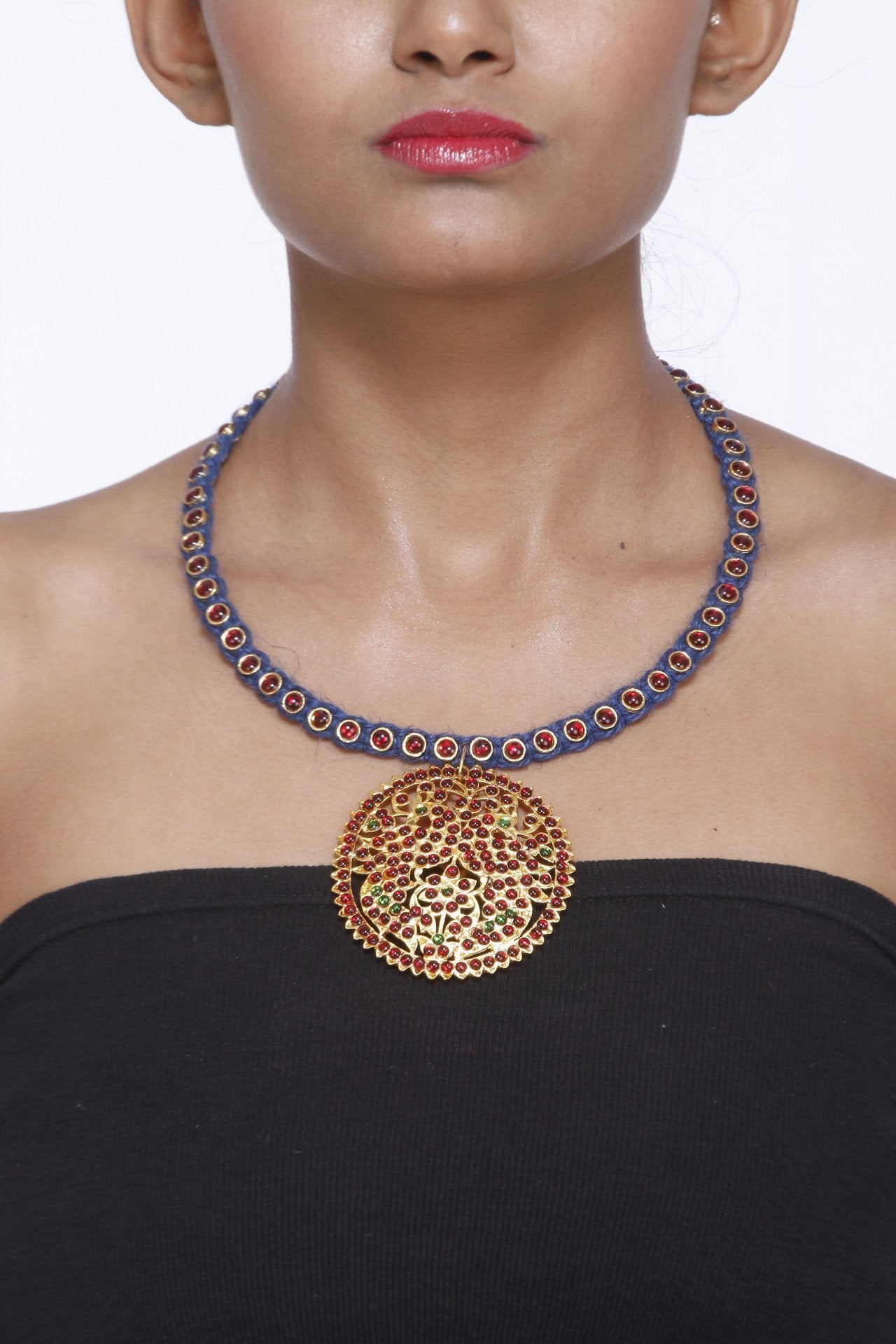 Azure Blue Neckpiece With Wine Red Stones And A Peacock Design