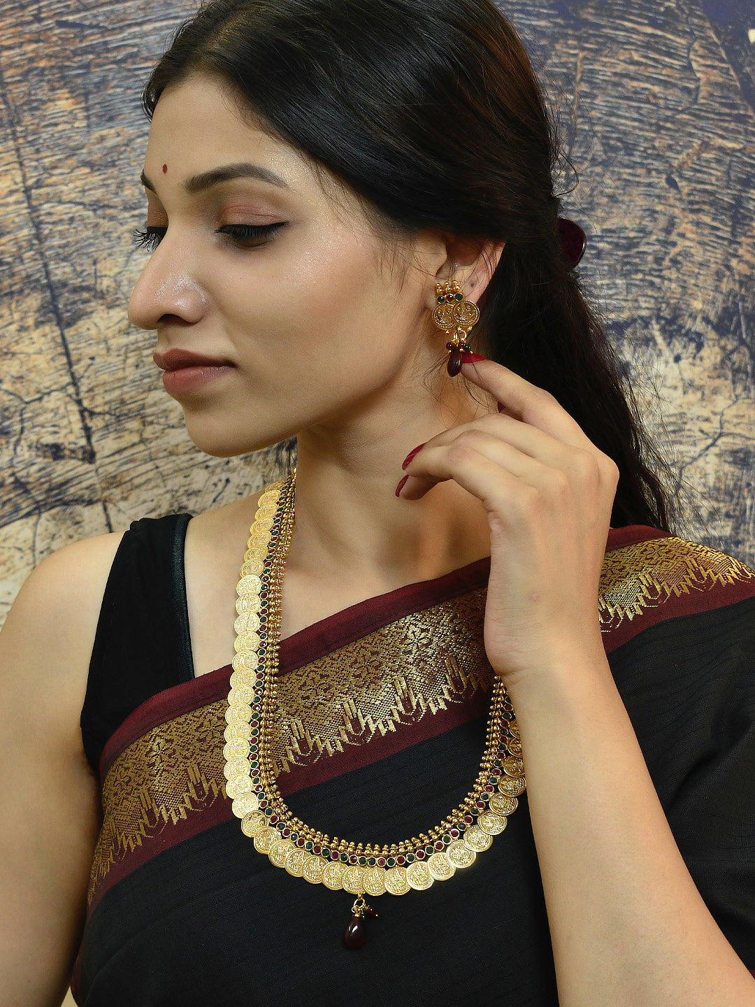 Avismaya Gold Plated Lakshmi Design Long Haram Necklace Set