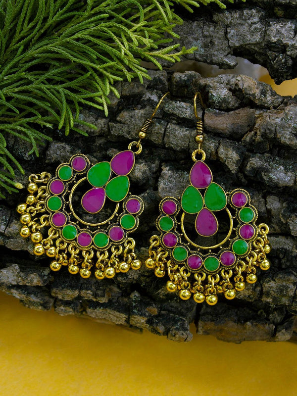 Gold Plating Green And Pink Color Floral Design Afghani Earring