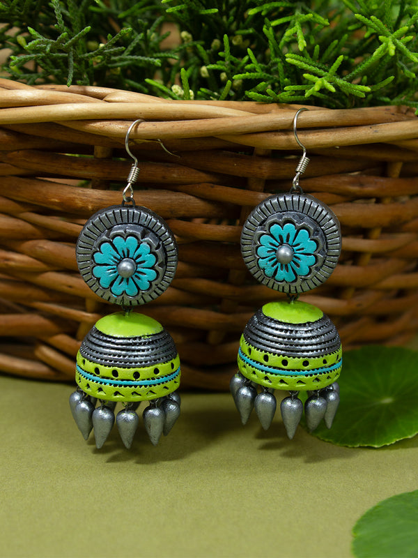 Big Handmade Terracotta Jhumka Hanging Earrings in Antique Silver Blue and Light Green