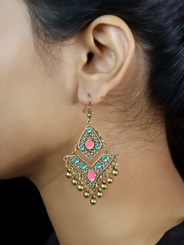 Leaf Design Pink and Green Dangler Afghani Earring