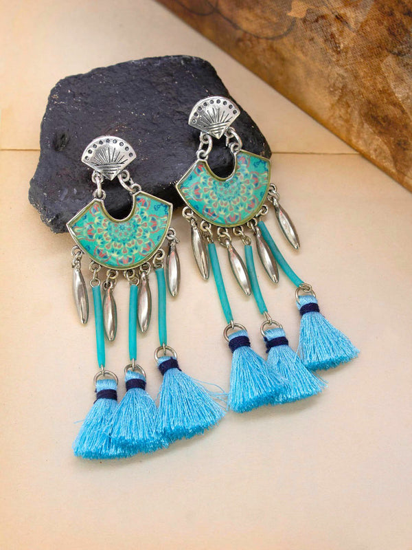 Silver Plated Hanging Tassel Design Shades Of Blue Color Dangler Earring