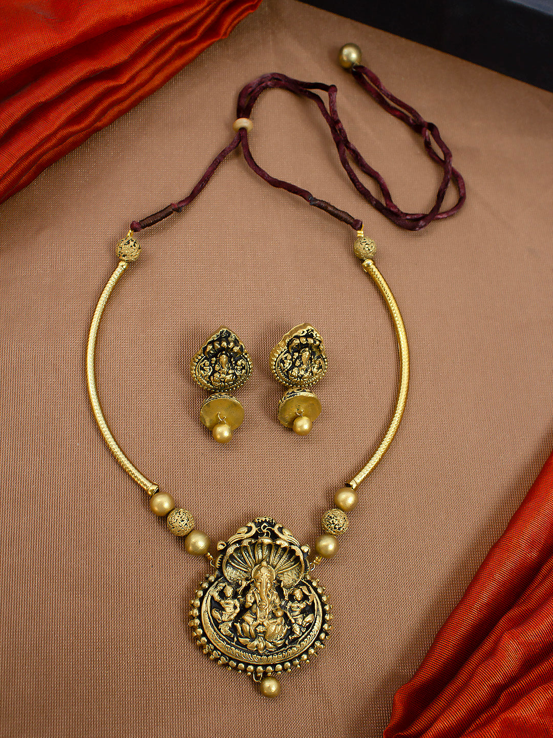 Antique Gold Lakshmi Design Temple Hasli Handmade Terracotta Necklace Set